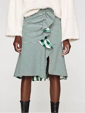 NWT Zara Gingham Ruffle Wrap Midi Skirt Green White Size M